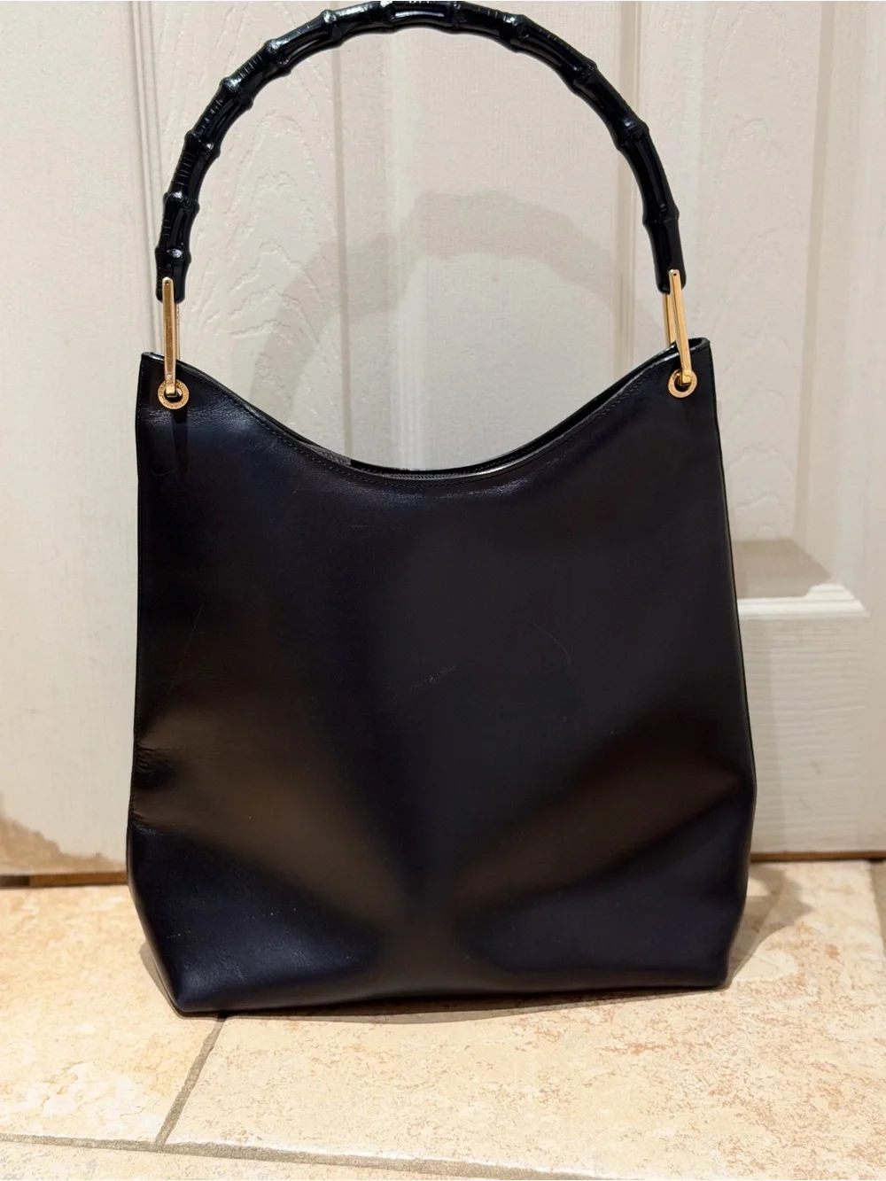 Vintage Gucci Bamboo Leather Tote Hobo Bag Black Gold Hardware EUC - Picture 5 of 13